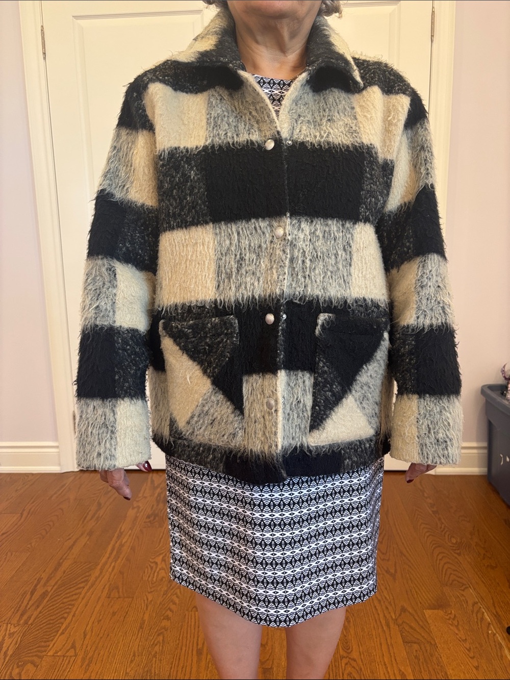 Blank NYC Black and Cream Plaid Teddy Jacket